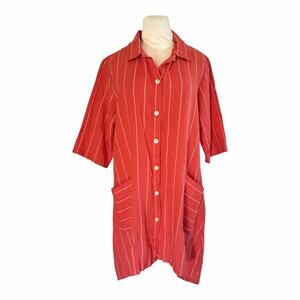 WENDY MCLEAN Oversized Red Linen Tunic Top Cover Up Duster Stripes Comfy Simple